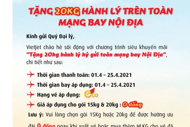VIETJET Tặng 20kg Hành Lý Trên Toàn Mạng Bay Nội Địa